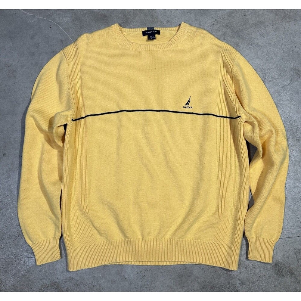 Nautica Cotton Sweater Mens Size Large Yellow Crew Neck Pullover Casual